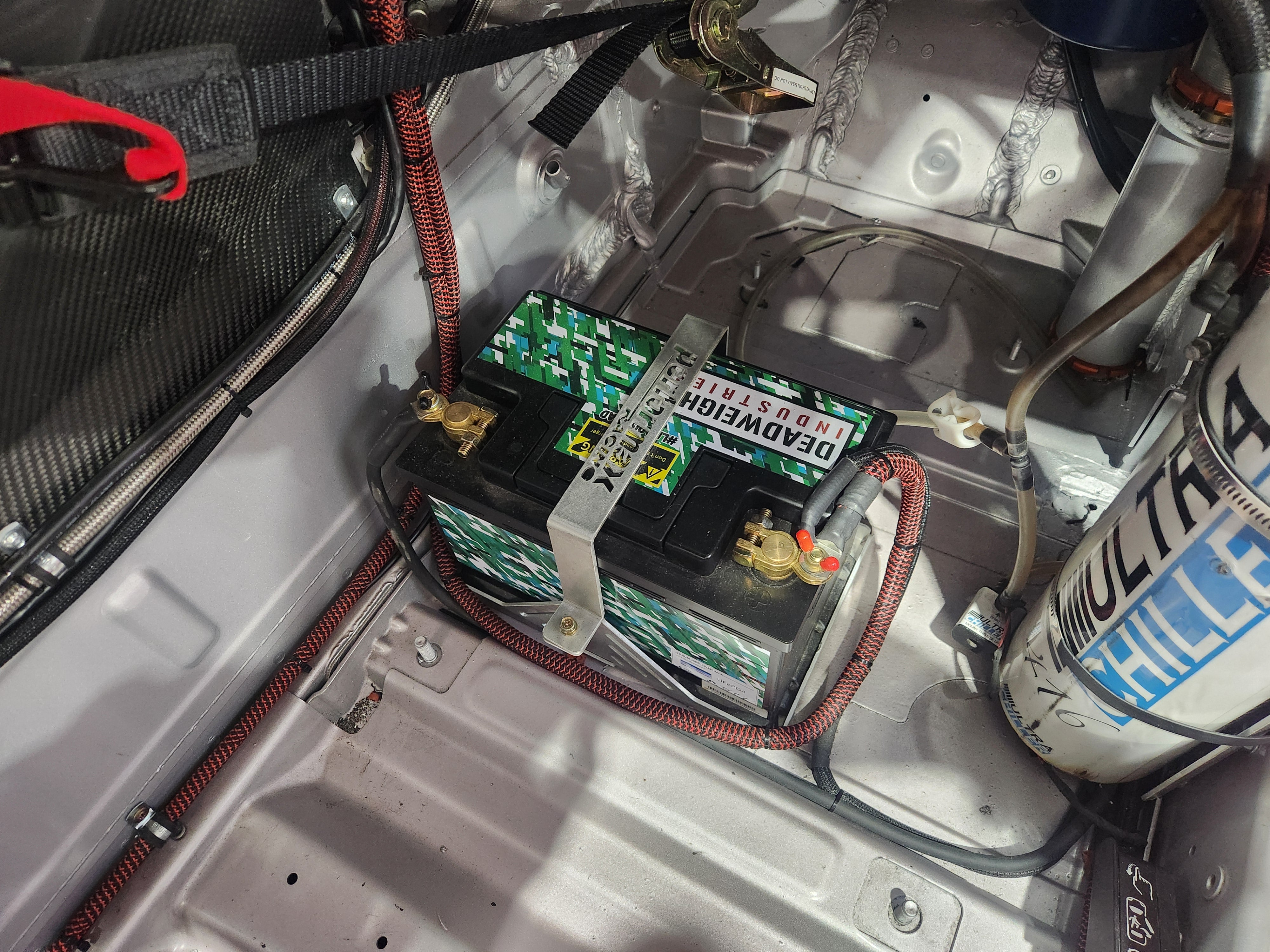 Laser Cut Lightweight Racing Battery Tray Dual Restraint Installed 2